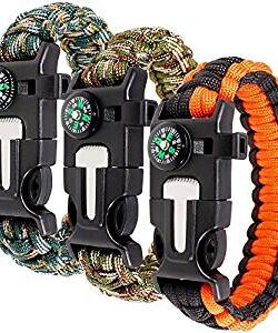 Paracord Bracelet Kit Set of 3 for Outdoor Survival, maxin 9 INCH Survival Gear Kit with Embedded Compass, Fire Starter, Emergency Knife & Whistle.