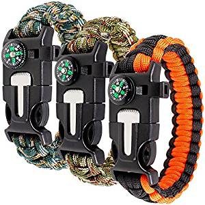 Paracord Bracelet Kit Set of 3 for Outdoor Survival, maxin 9 INCH Survival Gear Kit with Embedded Compass, Fire Starter, Emergency Knife & Whistle.