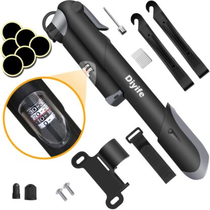Bike Pump, [120 PSI][Perfect Full Set]Diyife Mini Bicycle Pump with Gauge, Ball Pump with Needle, Glueless Patch Kit, Cycle Valve Caps and Frame Mount for Road, Mountain & BMX Fits Presta & Schrader Valve