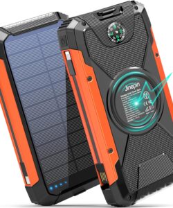 Solar Power Bank 38600mAh Solar Charger Built in 3 Cables Wireless Portable Charger External Battery Pack 5V3A Fast Charge with 4 Outputs 2 Inputs and Led Flashlight Compass