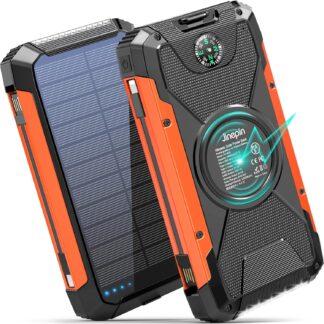 Solar Power Bank 38600mAh Solar Charger Built in 3 Cables Wireless Portable Charger External Battery Pack 5V3A Fast Charge with 4 Outputs 2 Inputs and Led Flashlight Compass