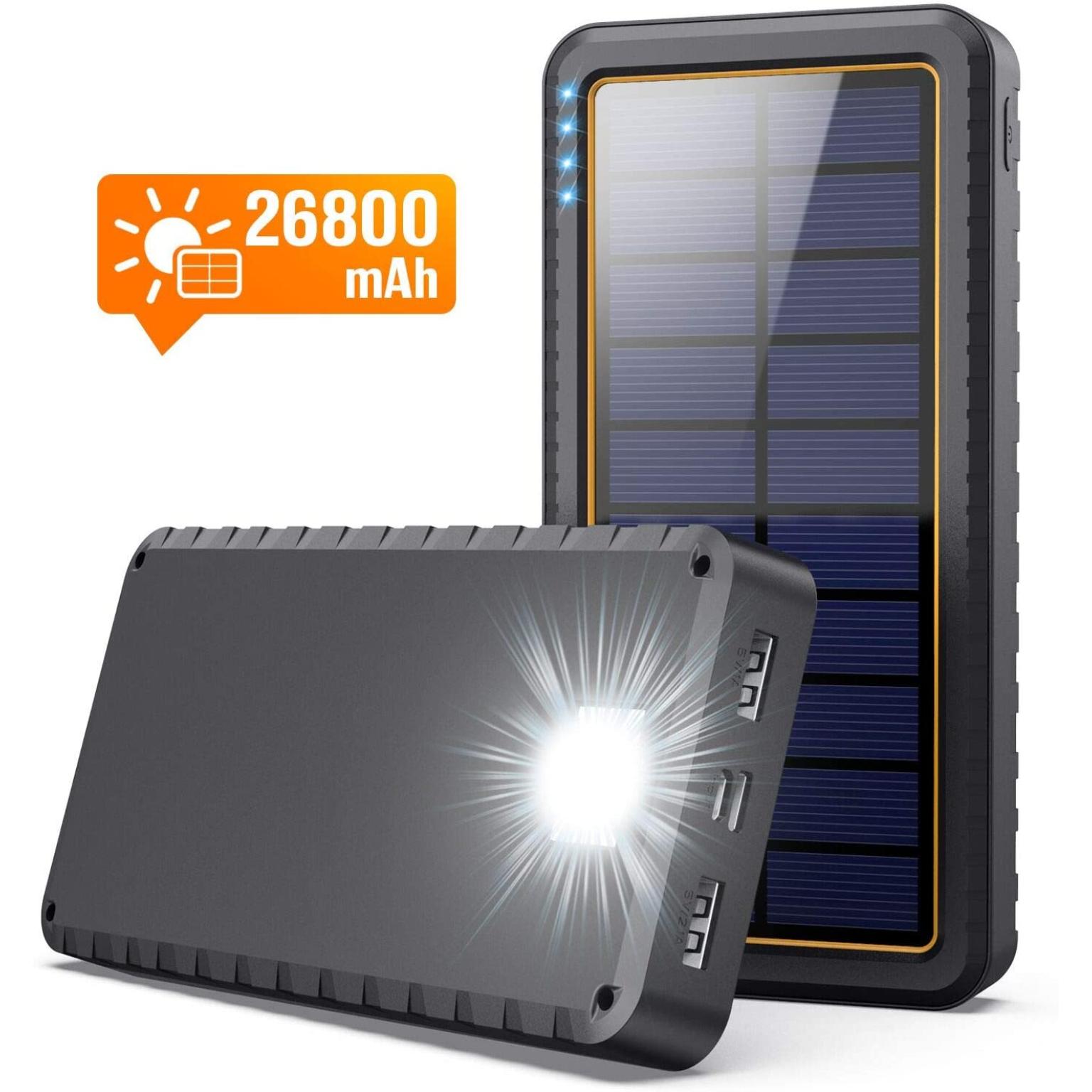 Solar Charger,26800mAh Solar Battery Power Bank Portable Panel Charger with LEDs and 2 USB Output Ports External Battery Pack for Camping Outdoor for Smartphone, Tablet and Android Cellphone