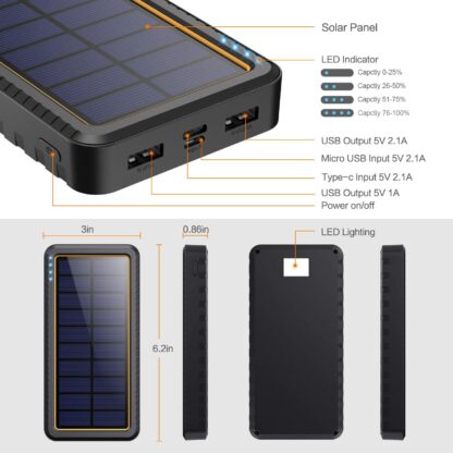 Solar Charger, 26800mAh Power Bank Portable Panel Charger with 2 USB Outputs, Type C Input, LED Flashlight, Shockproof, Non-Slip, External Battery Pack Cellphone Backup for Apple iPhone, Samsung Galaxy Android,Tablet, Camping, Outdoor