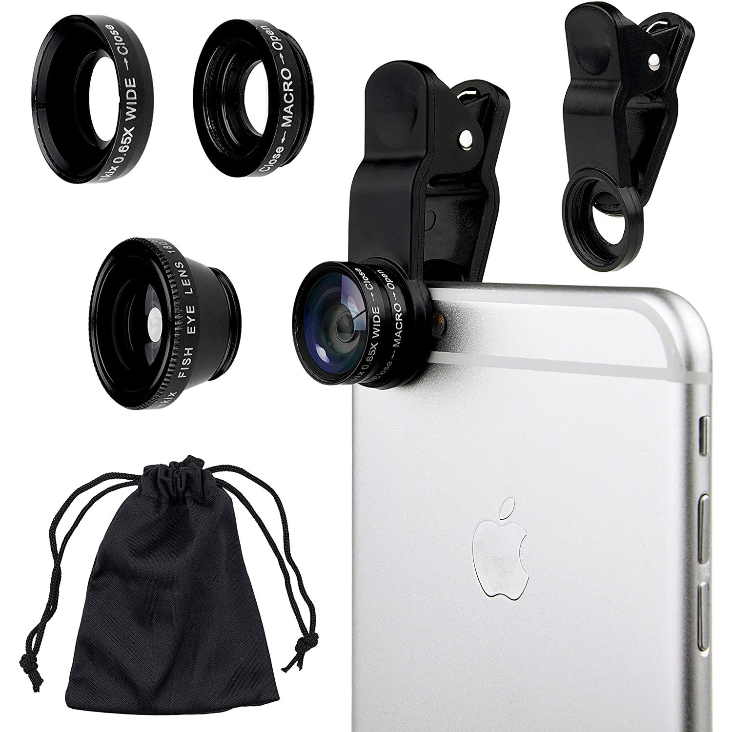 Camkix Universal 3 in 1 Cell Phone Camera Lens Kit - Fish Eye Lens / 2 in 1 Macro Lens & Wide Angle Lens/Universal Clip