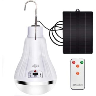 Solar Lights Camping Lamp with Solar Panel and Remote Control 30W LETOUR 3000Lumen Rechargeable LED Bulb 2 Dimming Modes Work Light IP44 Splash Prevention