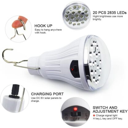 Solar Lights Camping Lamp with Solar Panel and Remote Control 30W LETOUR 3000Lumen Rechargeable LED Bulb 2 Dimming Modes Work Light IP44 Splash Prevention