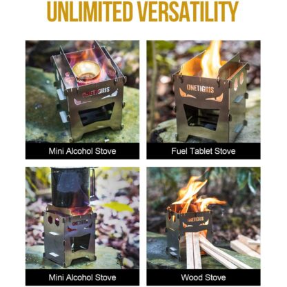OneTigris Camping Backpacking Stove Portable Foldable Burning Wood Stove for Outdoor Hiking Picnic BBQ,Stainless Steel (Medium)