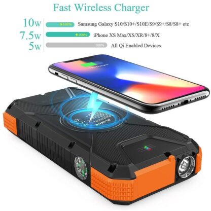 Solar Charger Power Bank 18W, QC 3.0 Portable Wireless Charger 10W/7.5W/5W with 4 Outputs & Dual Inputs, 20000mAh External Battery Pack IPX5 Waterproof with Flashlight & Compass