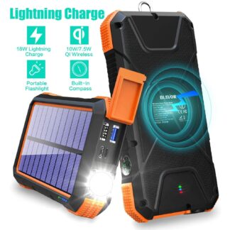 Solar Charger Power Bank 18W, QC 3.0 Portable Wireless Charger 10W/7.5W/5W with 4 Outputs & Dual Inputs, 20000mAh External Battery Pack IPX5 Waterproof with Flashlight & Compass