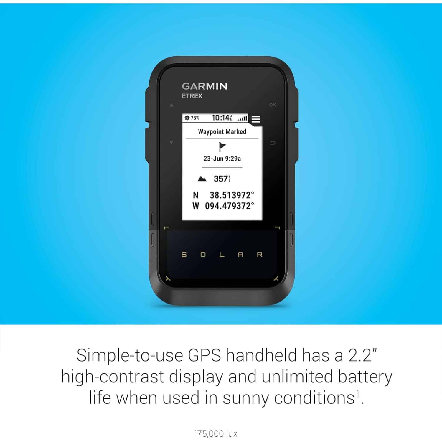 Garmin eTrex® Solar, GPS Handheld Navigator, Unlimited Battery Life, Water Resistant