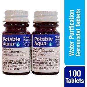 Potable Aqua Water Purification Treatment - Portable Drinking Water Treatment For Camping, Emergency Preparedness, Hurricanes, Storms, Survival, and Travel (100 Tablets)