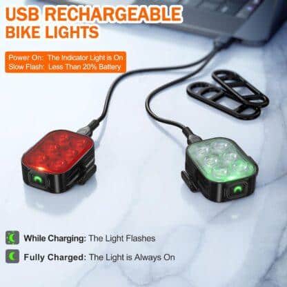 Bike Lights, Combination of Bike Front Light and Tail Light, IP65 Waterproof USB Charging, Equipped with 6 Ultra-Bright LED