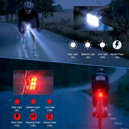 Bike Lights, Combination of Bike Front Light and Tail Light, IP65 Waterproof USB Charging, Equipped with 6 Ultra-Bright LED