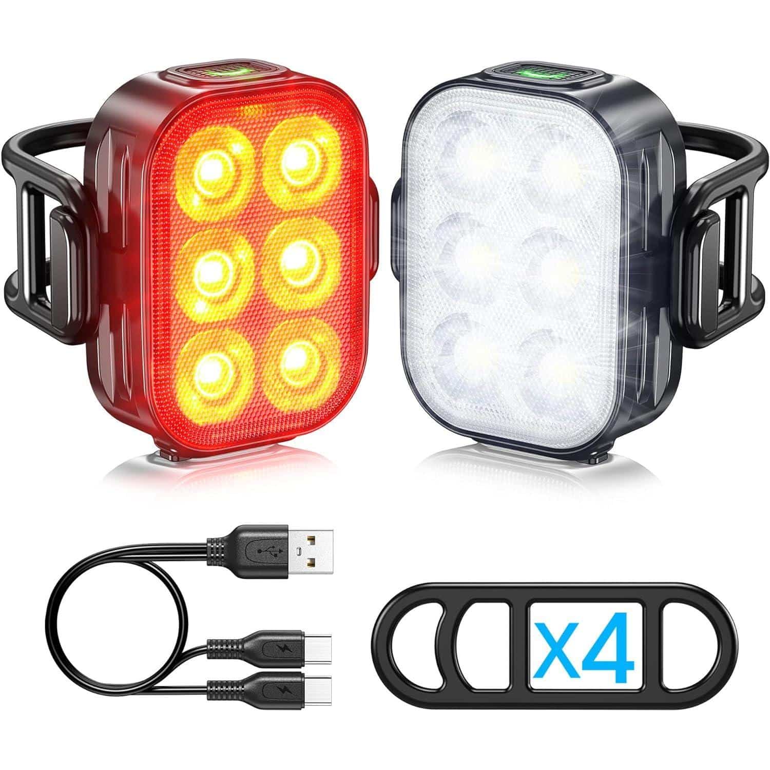 Bike Lights, Combination of Bike Front Light and Tail Light, IP65 Waterproof USB Charging, Equipped with 6 Ultra-Bright LED