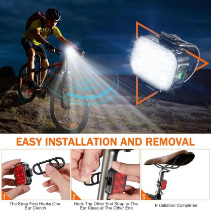 Bike Lights, Combination of Bike Front Light and Tail Light, IP65 Waterproof USB Charging, Equipped with 6 Ultra-Bright LED