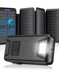 Solar-Charger-Power-Bank - 38800mAh with Dual 5V3.1A Outputs 10W Qi Wireless Charger Waterproof Built-in 4 Solar Panel and Bright Flashlights