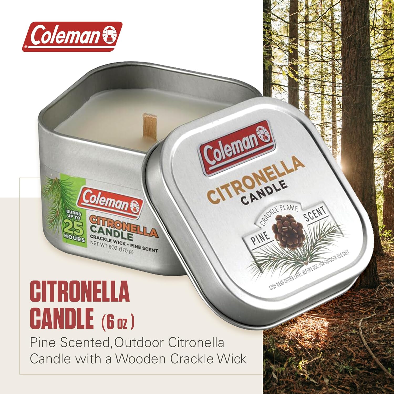 Coleman Scented Citronella Candle with Wooden Crackle Wick - 6 oz Tin