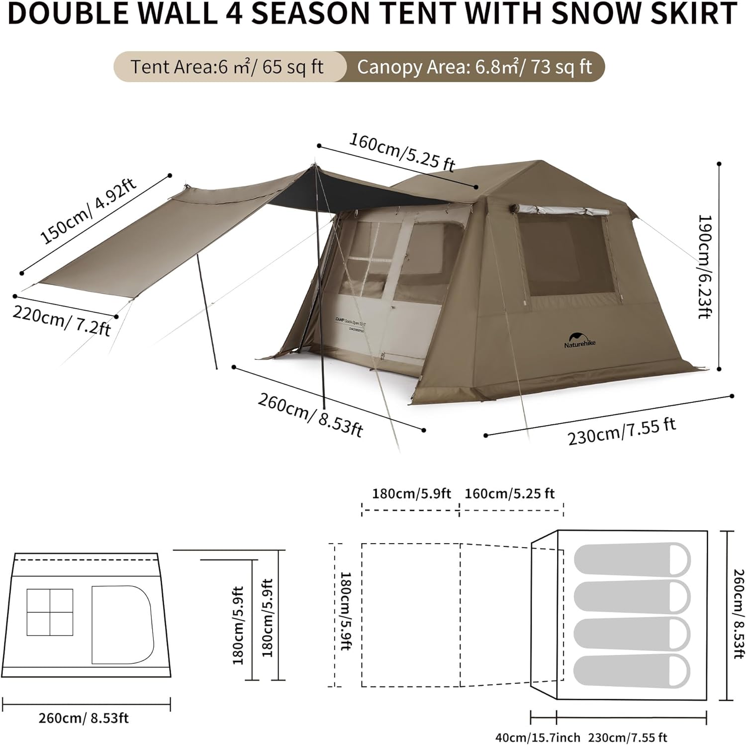 Naturehike Camping Tent, Instant Tent Family Cabin Tent for 4 Person
