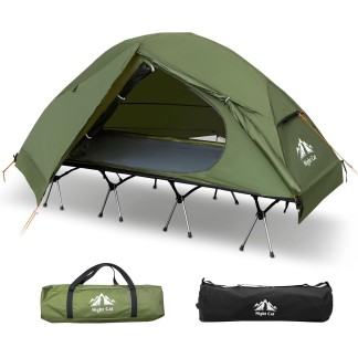 Night Cat Camping Cot Tent - Waterproof 1-Person Off-Ground Combo Cot Bed for Adults Portable Easy Set-up Tent Green 70cm Width