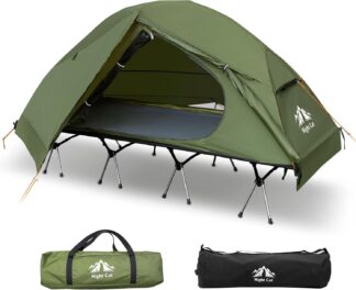 Night Cat Camping Cot Tent - Waterproof 1-Person Off-Ground Combo Cot Bed for Adults Portable Easy Set-up Tent Green 70cm Width