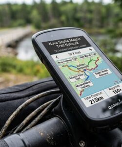 Garmin bike computer mounted on handlebars displaying the complete Nova Scotia rails-to-trails GPX map bundle, featuring the Rum Runners and Salt Marsh trails.