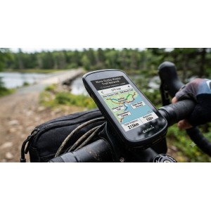 Garmin bike computer mounted on handlebars displaying the complete Nova Scotia rails-to-trails GPX map bundle, featuring the Rum Runners and Salt Marsh trails.