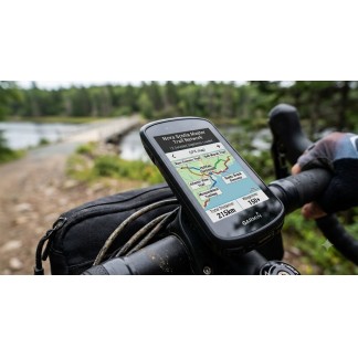 Garmin bike computer mounted on handlebars displaying the complete Nova Scotia rails-to-trails GPX map bundle, featuring the Rum Runners and Salt Marsh trails.