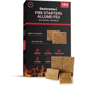 Dextreme Fire Starter Pack of 144 Natural Fire starters Cubes for Wood Stoves, Campfires, BBQ, Grill Pit, Fireplace, Charcoal, Smokers and Camping - Easy to Ignite, Non Toxic, Made in Canada from Wood Fiber and Wax