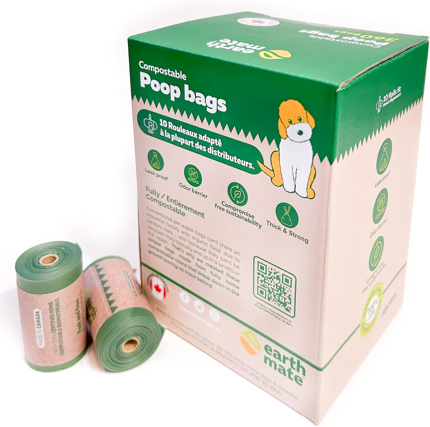 MADE IN CANADA 360 Count - Home COMPOSTABLE & Biodegradable Certified DOG Poop Bags. Earthmate. Uncented - Unprinted - Leak Proof. (Single Box)