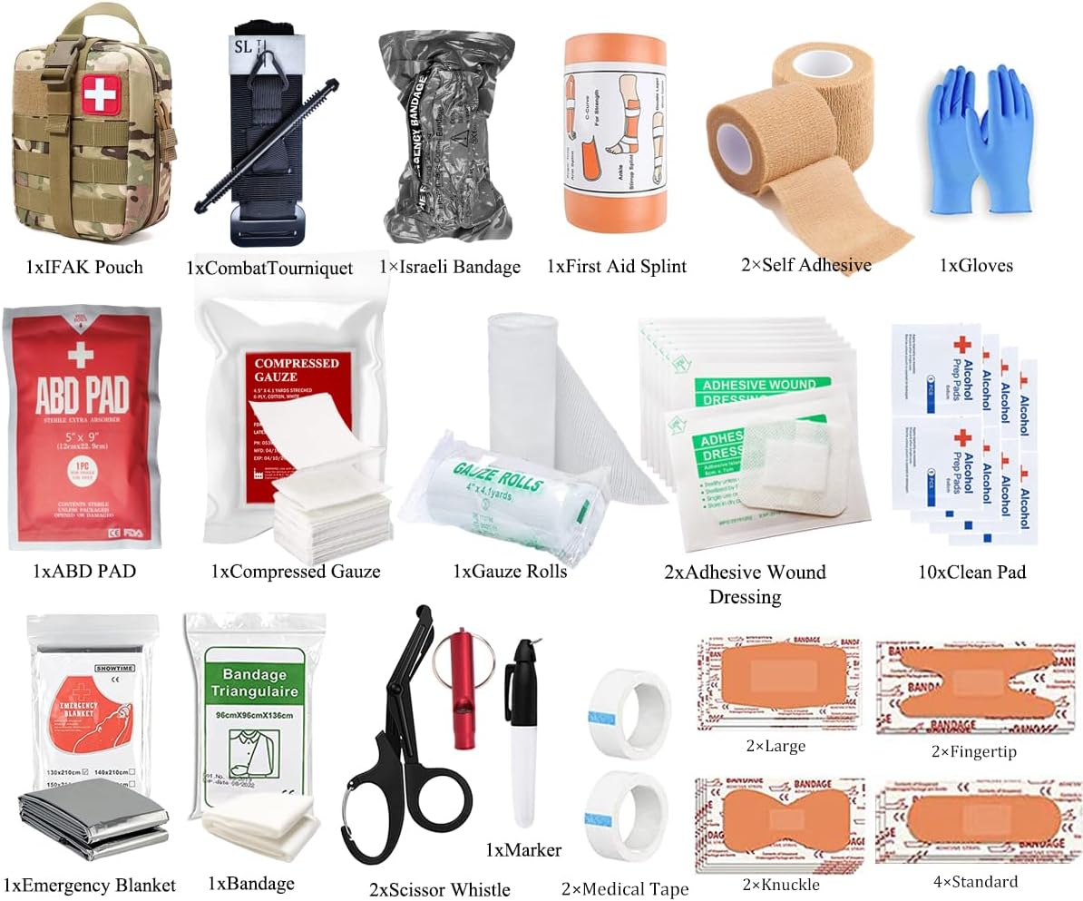 IFAK Trauma kit with Tourniquet | Israeli bandage | Splint | Compressed gauze | bleeding control bandages for Tactical First Aid Kit camping, hunting, hiking (Red)